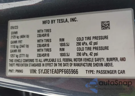 2023 Tesla Model 3 Rear-Wheel Drive из США, поврежденный, VIN 5YJ3E1EA0PF665966